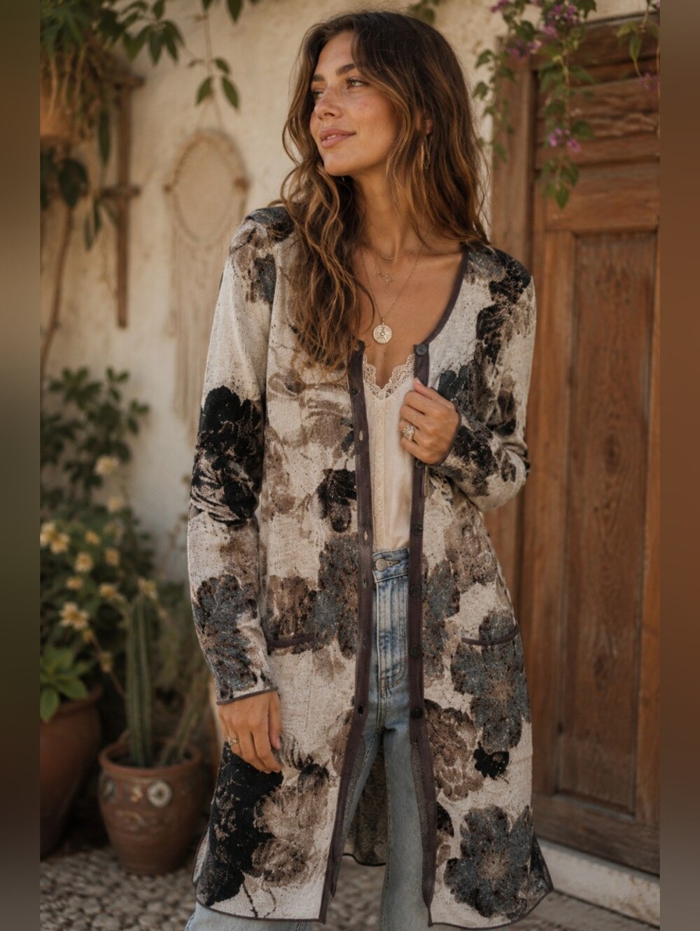 Peruvian Connection Floral Longline Button Down Cardigan Cotton XS
